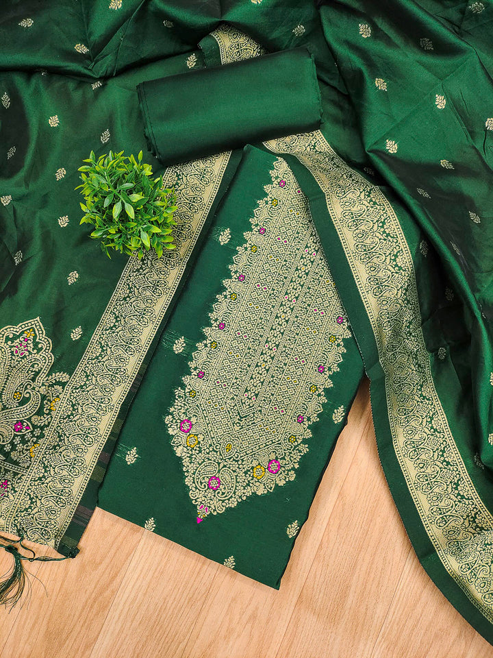 Bottle-Green Pure Soft Banarasi Silk Woven Design Unstitched Dress Material