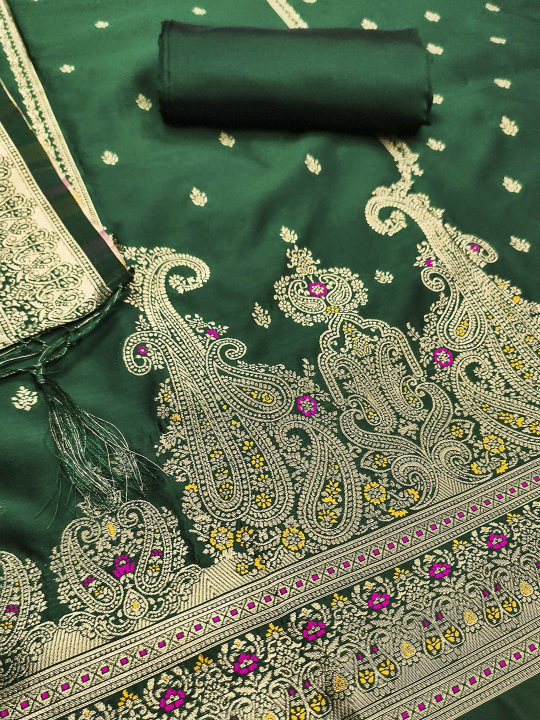 Bottle-Green Pure Soft Banarasi Silk Woven Design Unstitched Dress Material