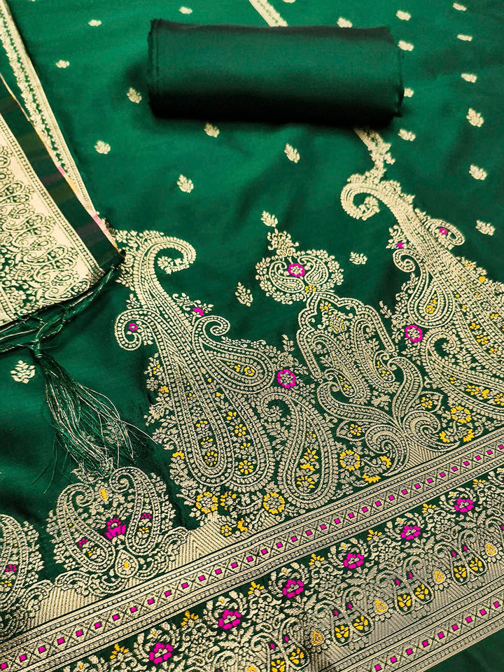 Bottle-Green Pure Soft Banarasi Silk Woven Design Unstitched Dress Material