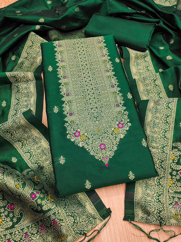 Bottle-Green Pure Soft Banarasi Silk Woven Design Unstitched Dress Material