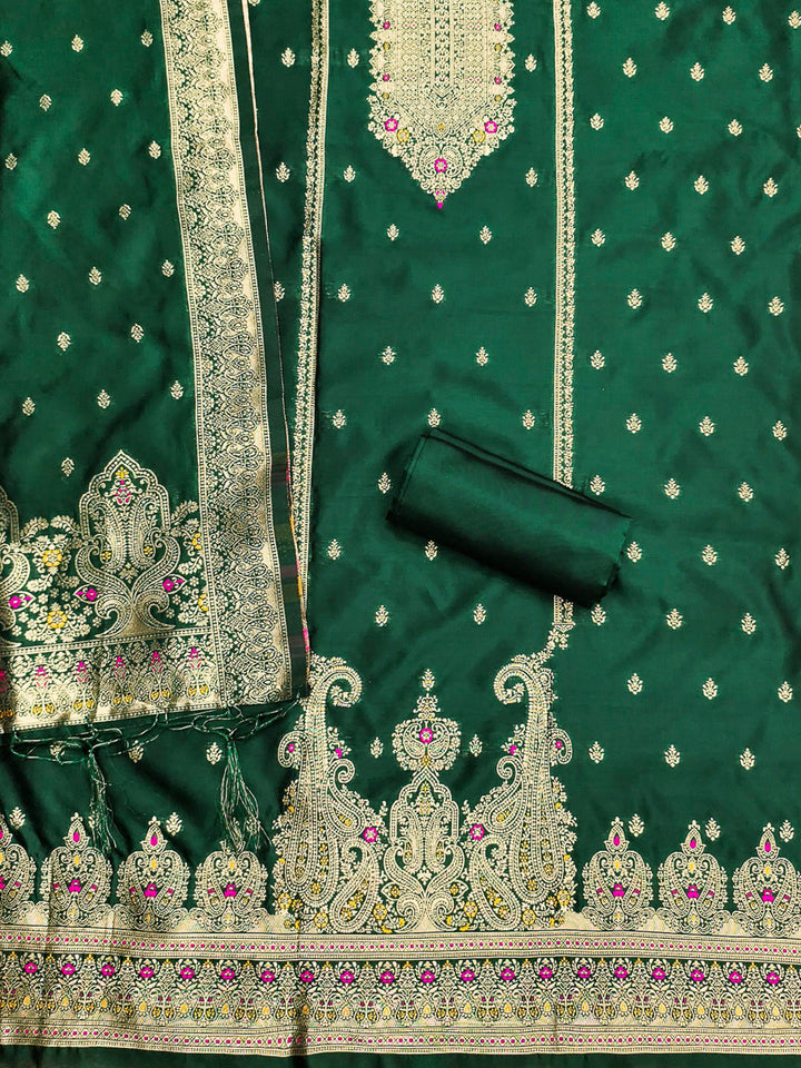 Bottle-Green Pure Soft Banarasi Silk Woven Design Unstitched Dress Material