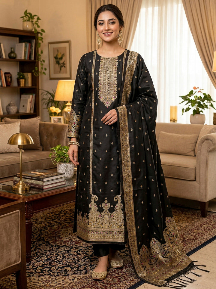 Black Pure Soft Banarasi Silk Woven Design Unstitched Dress Material