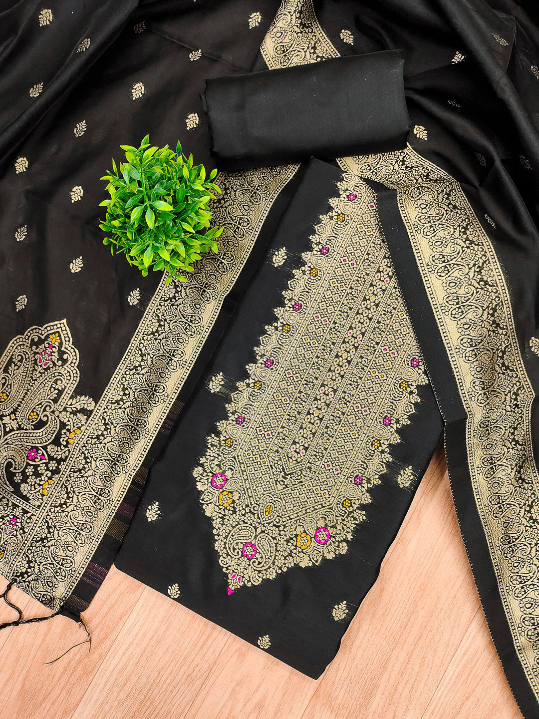 Black Pure Soft Banarasi Silk Woven Design Unstitched Dress Material