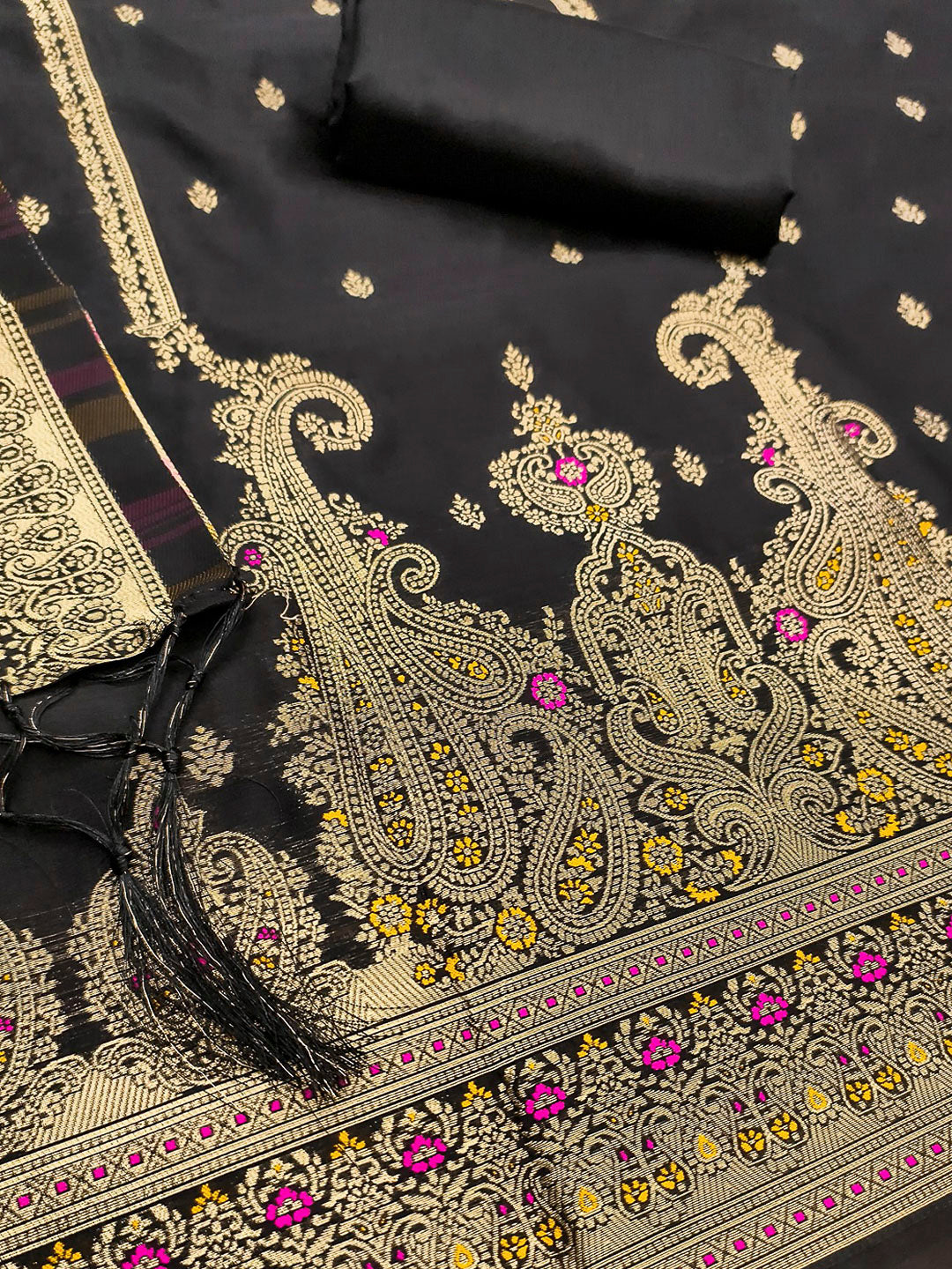 Black Pure Soft Banarasi Silk Woven Design Unstitched Dress Material