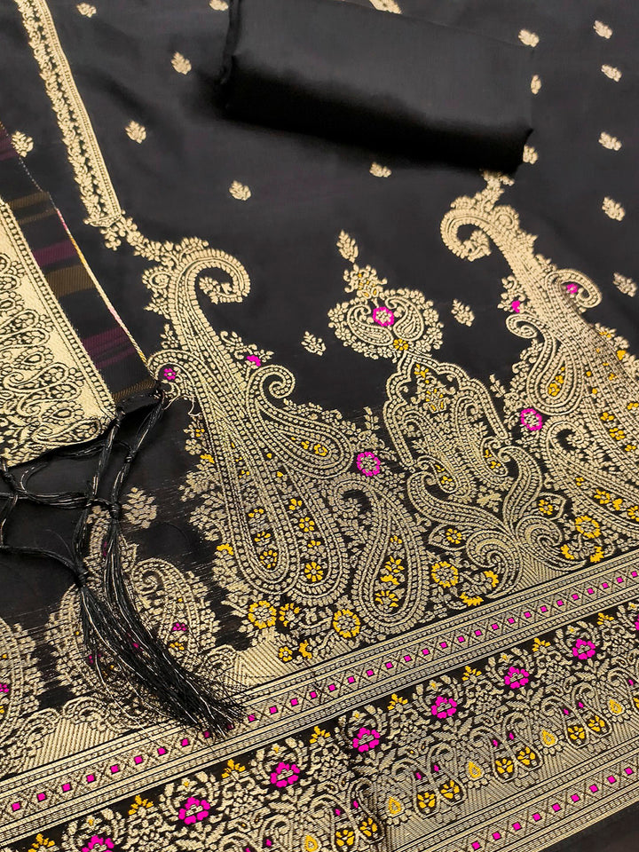 Black Pure Soft Banarasi Silk Woven Design Unstitched Dress Material