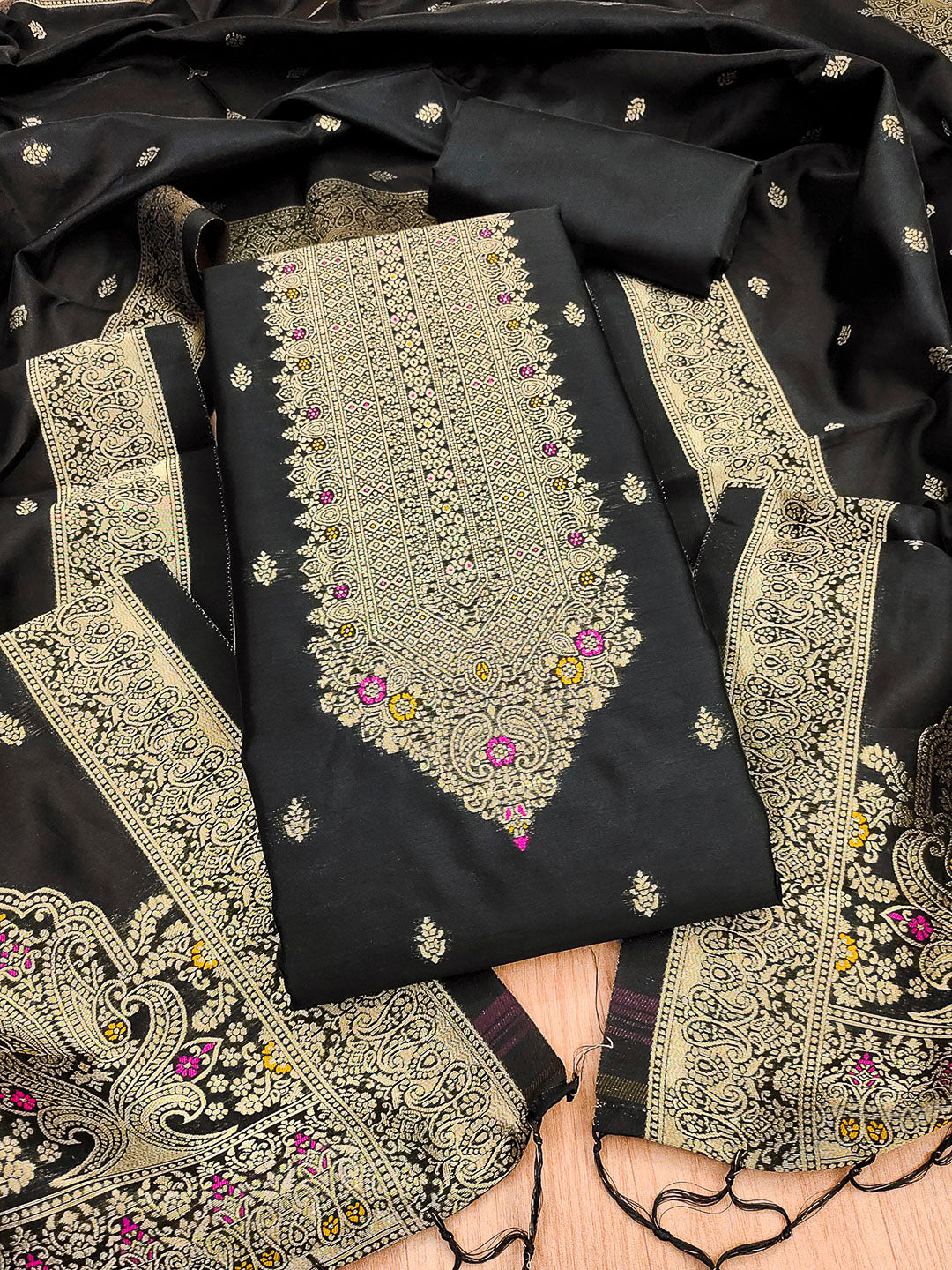 Black Pure Soft Banarasi Silk Woven Design Unstitched Dress Material