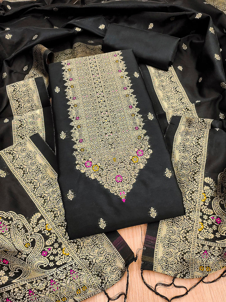 Black Pure Soft Banarasi Silk Woven Design Unstitched Dress Material