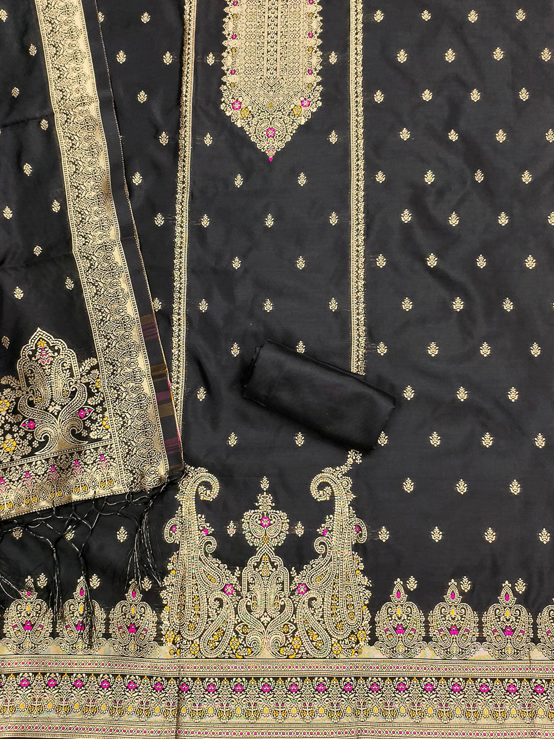 Black Pure Soft Banarasi Silk Woven Design Unstitched Dress Material