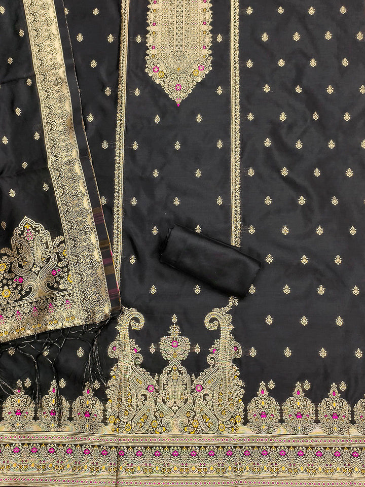 Black Pure Soft Banarasi Silk Woven Design Unstitched Dress Material