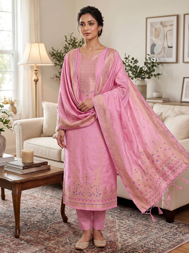 Pink-Lt Pure Soft Banarasi Silk Woven Design Unstitched Dress Material