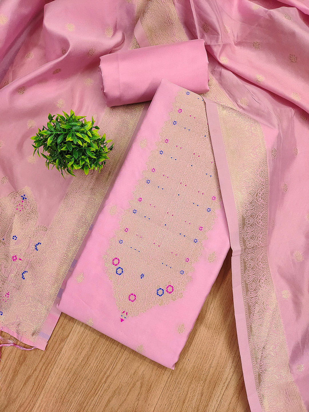 Pink-Lt Pure Soft Banarasi Silk Woven Design Unstitched Dress Material