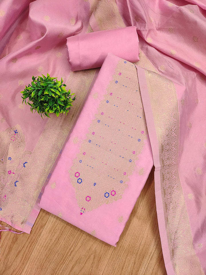 Pink-Lt Pure Soft Banarasi Silk Woven Design Unstitched Dress Material