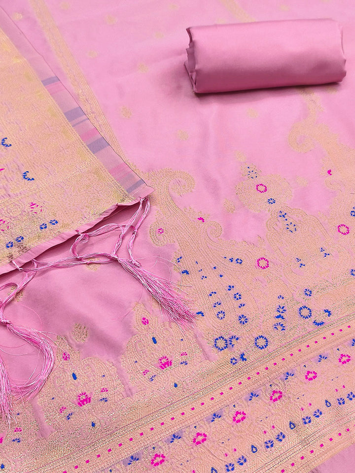 Pink-Lt Pure Soft Banarasi Silk Woven Design Unstitched Dress Material