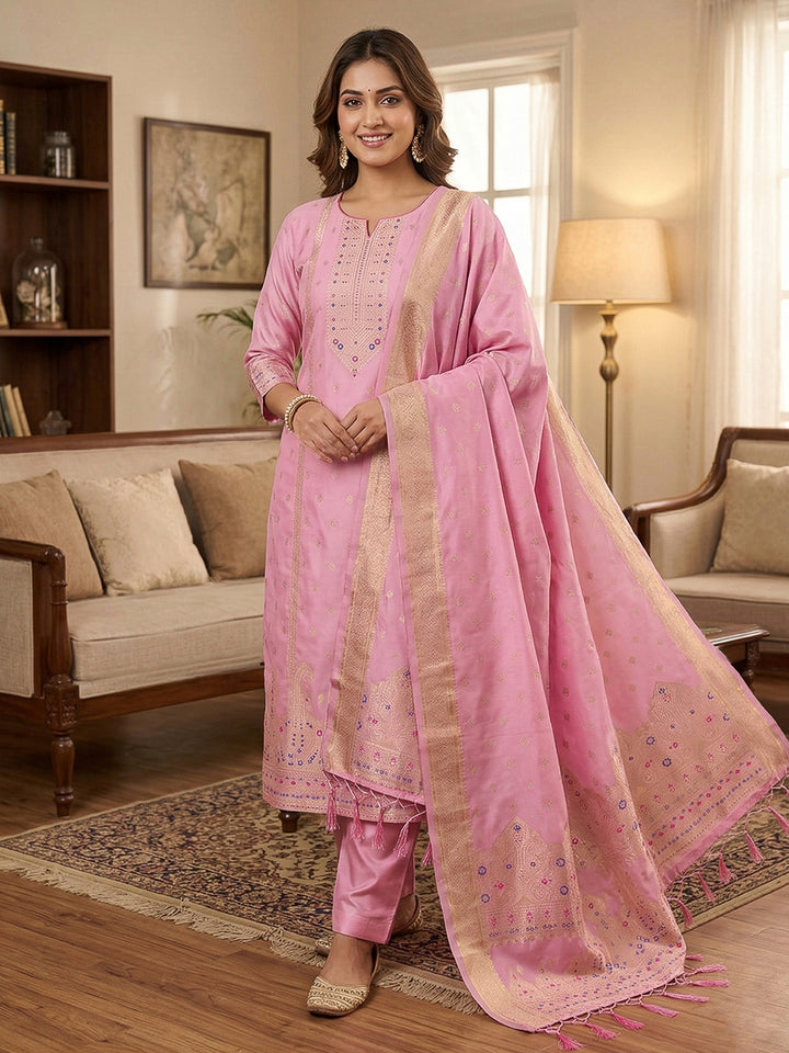 Pink-Lt Pure Soft Banarasi Silk Woven Design Unstitched Dress Material