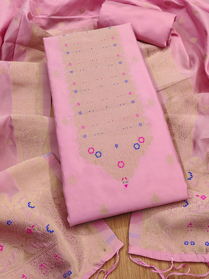 Pink-Lt Pure Soft Banarasi Silk Woven Design Unstitched Dress Material