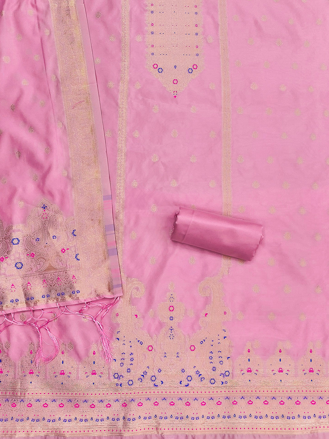 Pink-Lt Pure Soft Banarasi Silk Woven Design Unstitched Dress Material