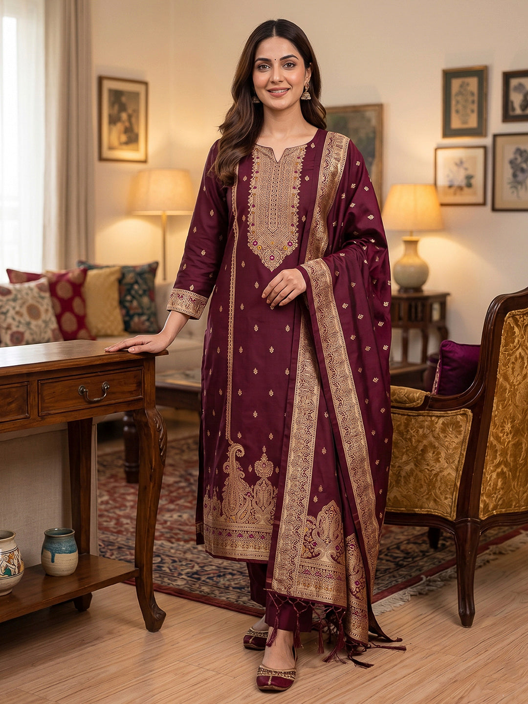 Maroon Pure Soft Banarasi Silk Woven Design Unstitched Dress Material