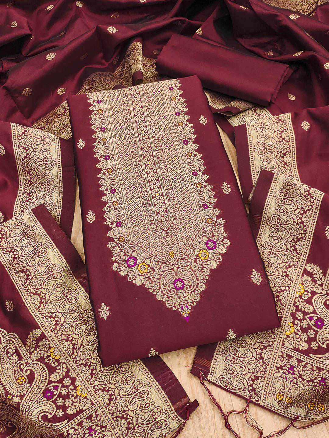 Maroon Pure Soft Banarasi Silk Woven Design Unstitched Dress Material
