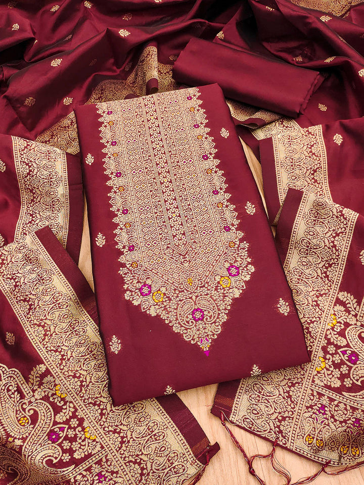 Maroon Pure Soft Banarasi Silk Woven Design Unstitched Dress Material