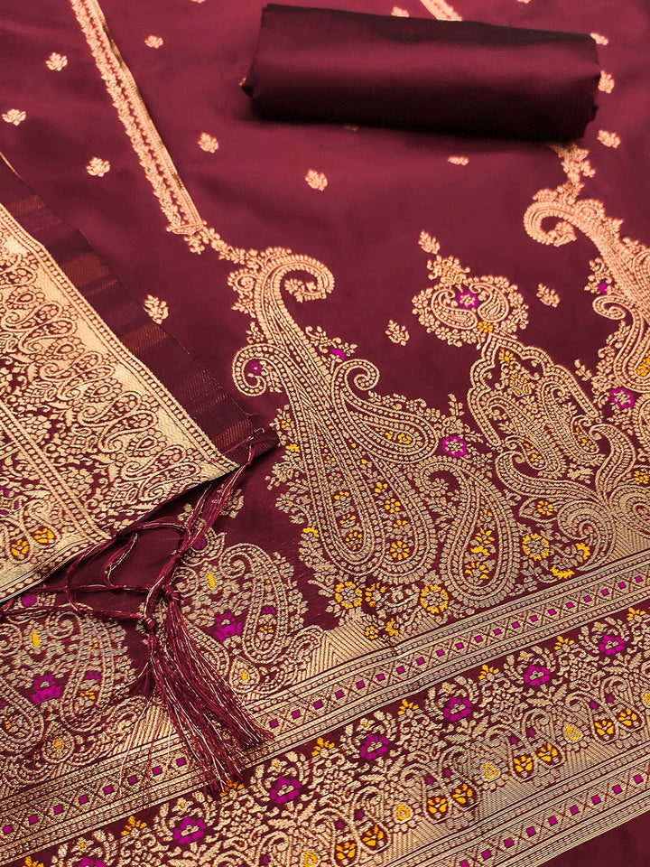 Maroon Pure Soft Banarasi Silk Woven Design Unstitched Dress Material