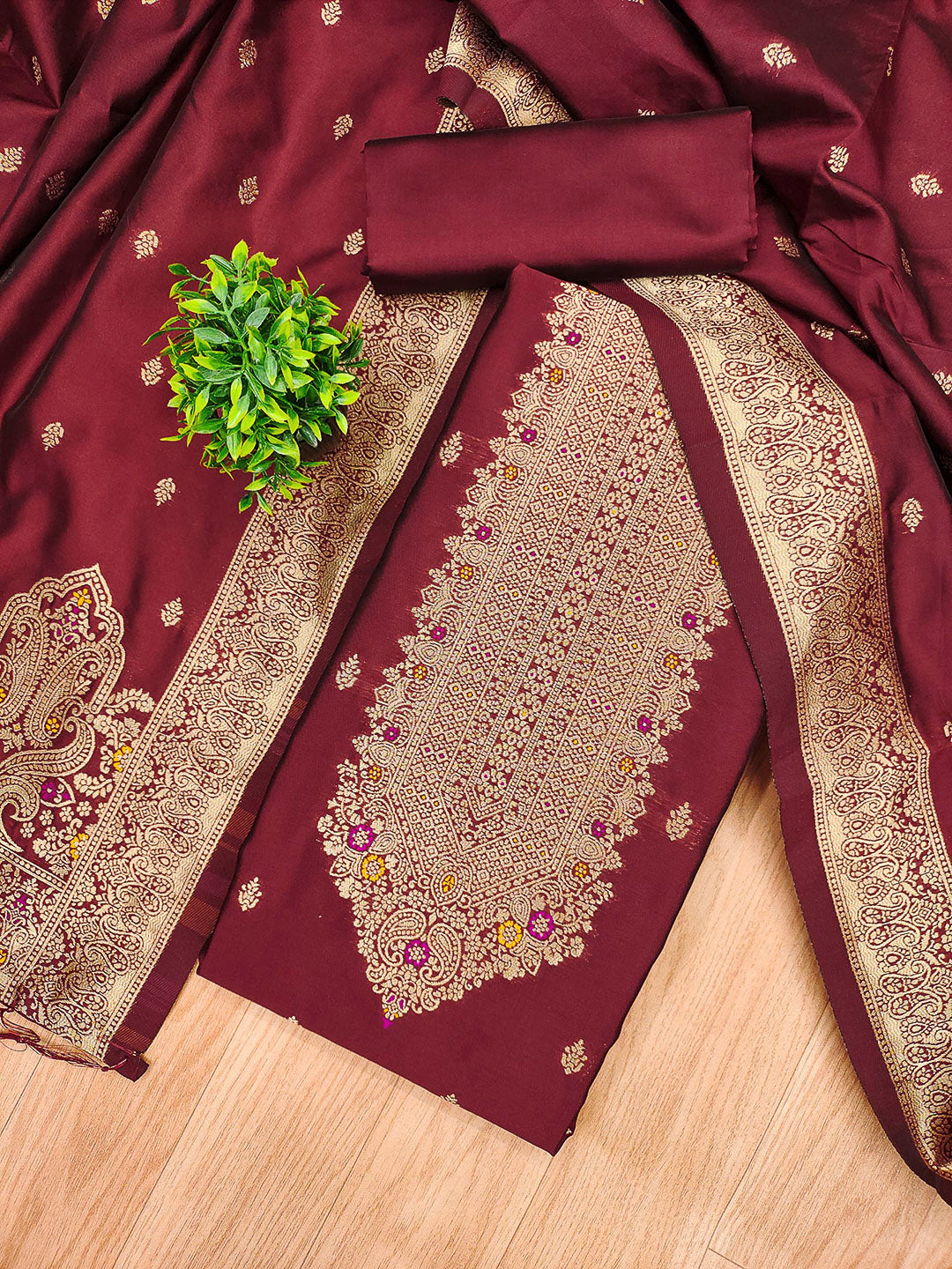 Maroon Pure Soft Banarasi Silk Woven Design Unstitched Dress Material