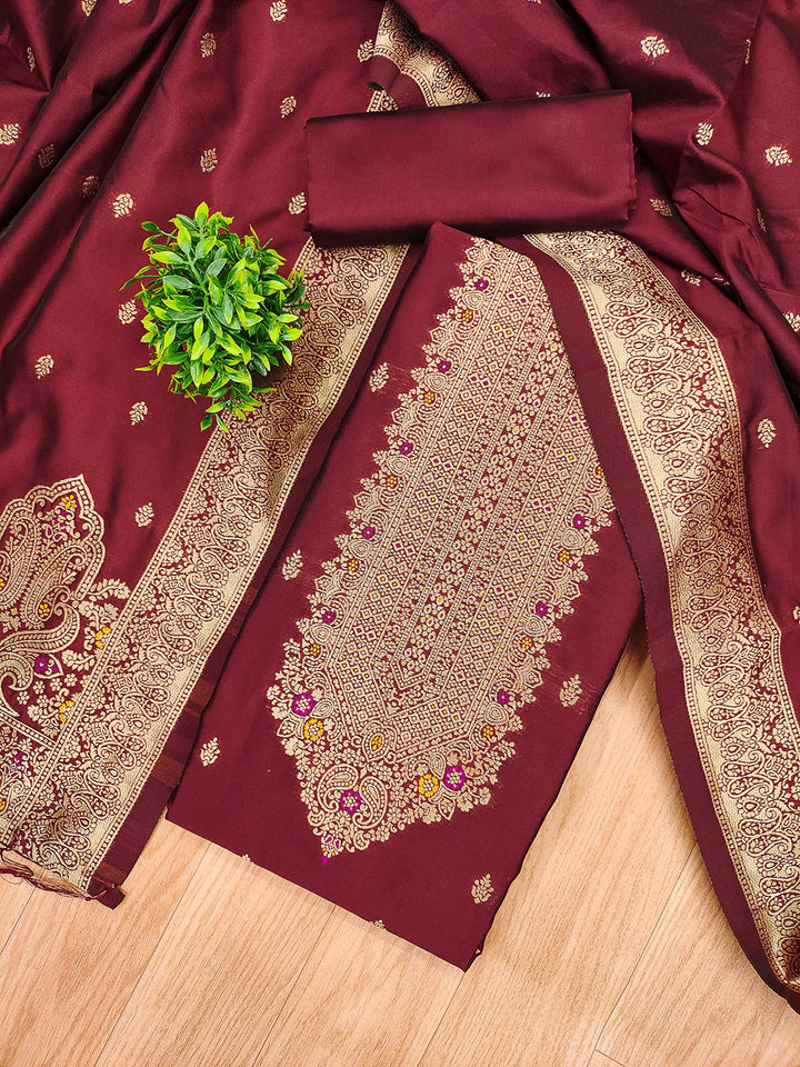 Maroon Pure Soft Banarasi Silk Woven Design Unstitched Dress Material