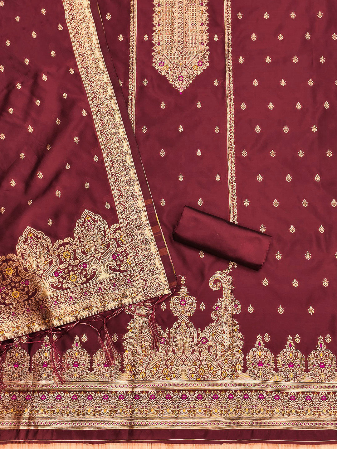 Maroon Pure Soft Banarasi Silk Woven Design Unstitched Dress Material