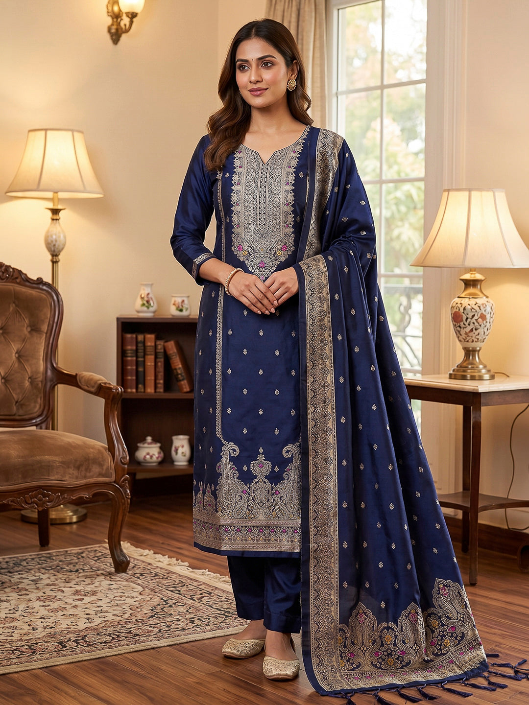 Navy-Blue Pure Soft Banarasi Silk Woven Design Unstitched Dress Material