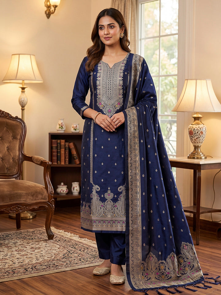 Navy-Blue Pure Soft Banarasi Silk Woven Design Unstitched Dress Material