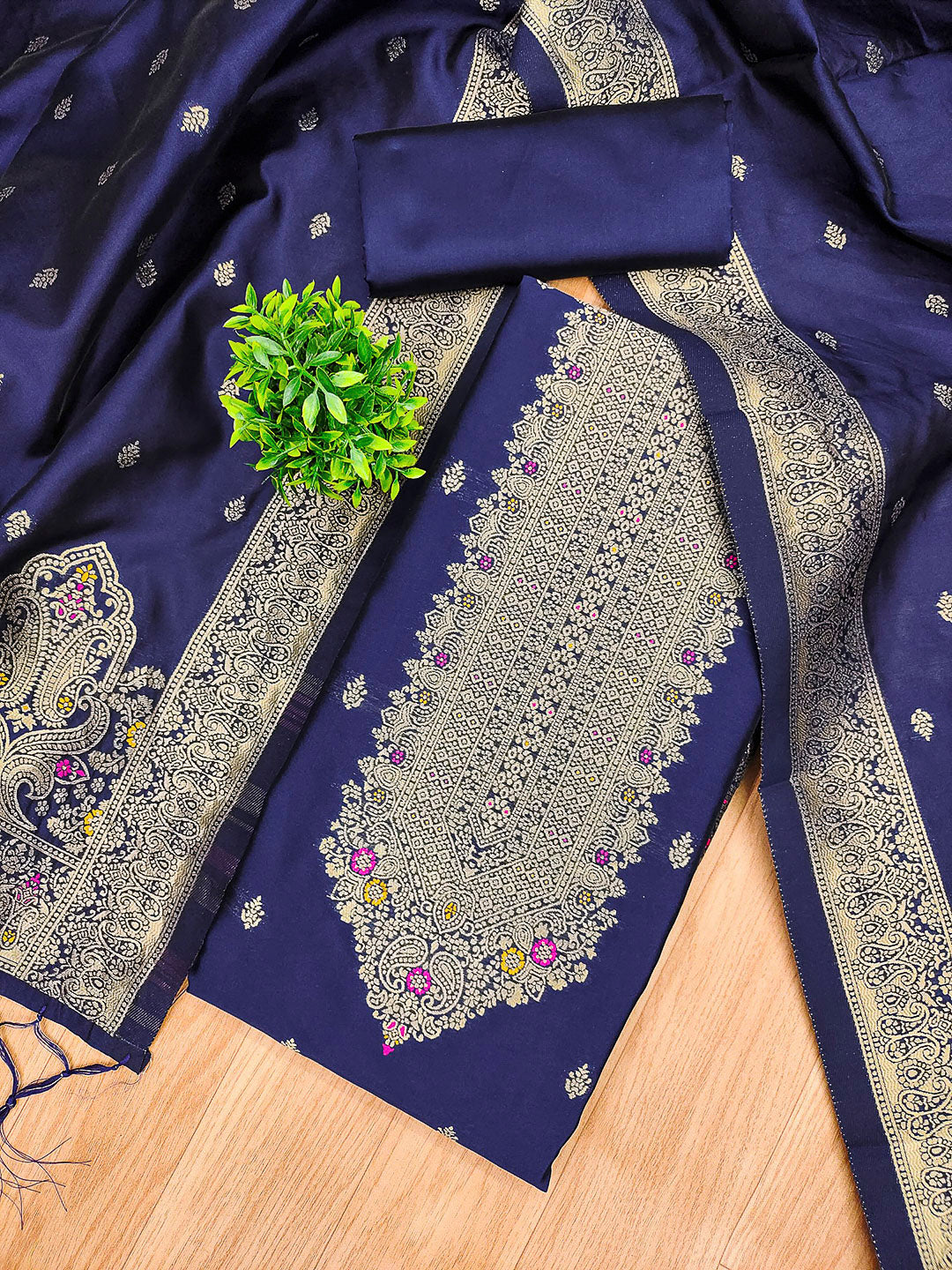Navy-Blue Pure Soft Banarasi Silk Woven Design Unstitched Dress Material