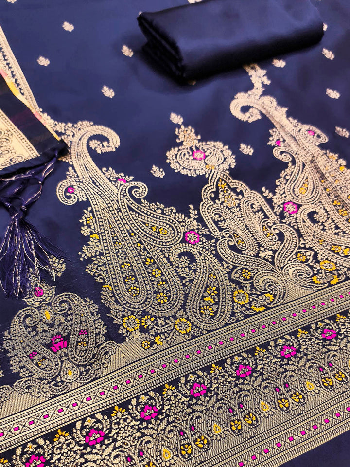Navy-Blue Pure Soft Banarasi Silk Woven Design Unstitched Dress Material