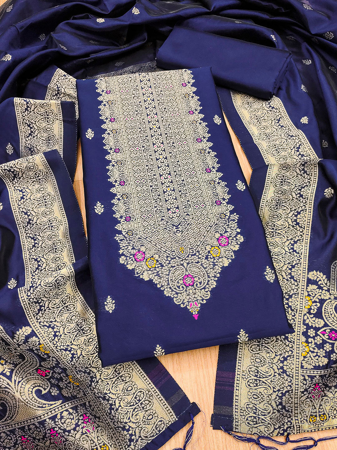 Navy-Blue Pure Soft Banarasi Silk Woven Design Unstitched Dress Material