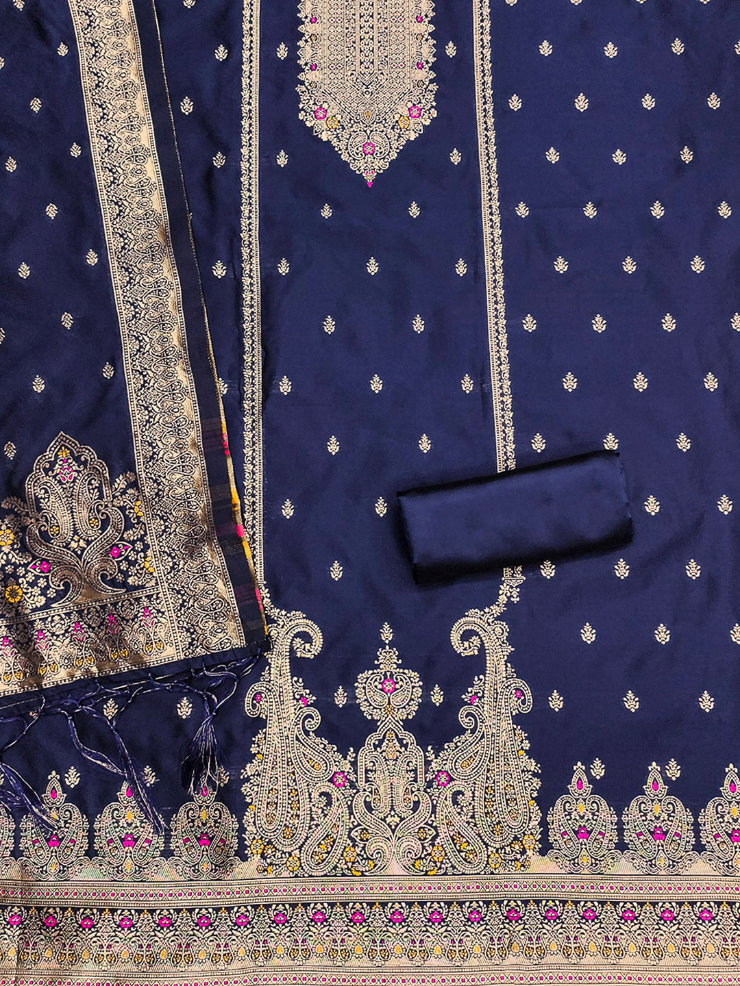 Navy-Blue Pure Soft Banarasi Silk Woven Design Unstitched Dress Material