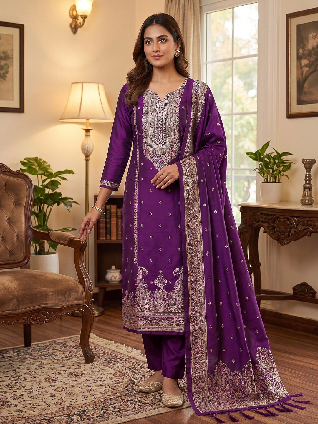 Purple Pure Soft Banarasi Silk Woven Design Unstitched Dress Material