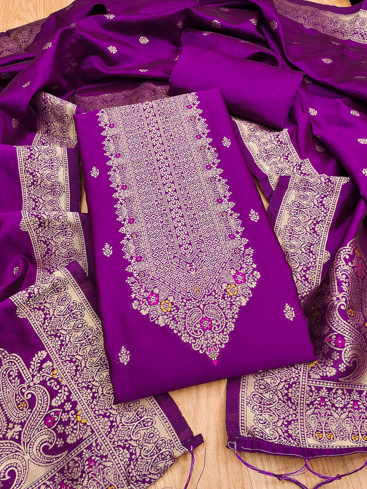 Purple Pure Soft Banarasi Silk Woven Design Unstitched Dress Material