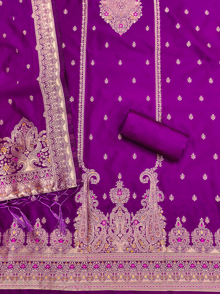 Purple Pure Soft Banarasi Silk Woven Design Unstitched Dress Material