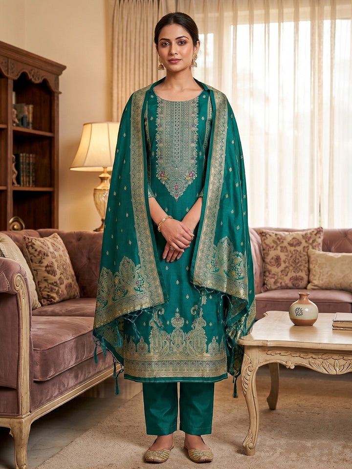 Teal-Blue Pure Soft Banarasi Silk Woven Design Unstitched Dress Material
