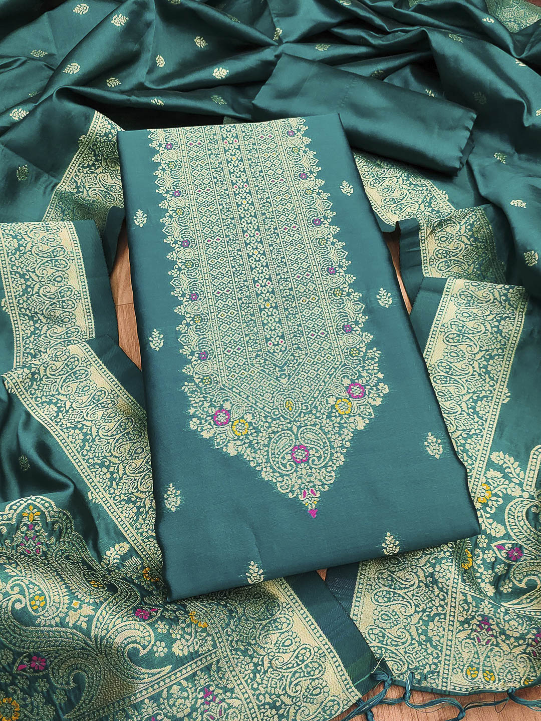 Teal-Blue Pure Soft Banarasi Silk Woven Design Unstitched Dress Material