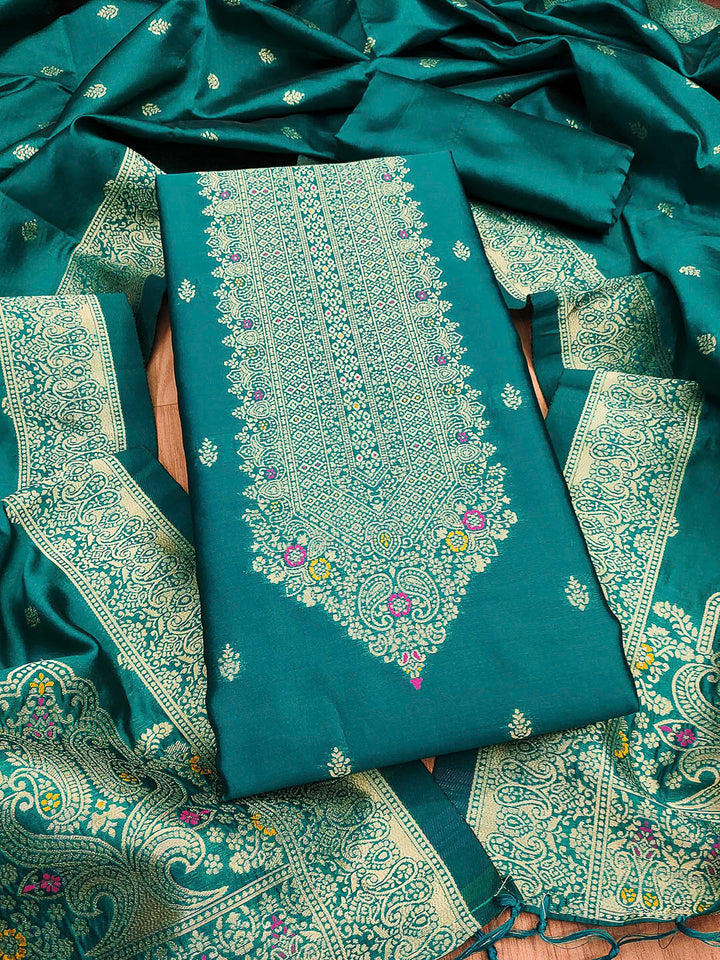 Teal-Blue Pure Soft Banarasi Silk Woven Design Unstitched Dress Material