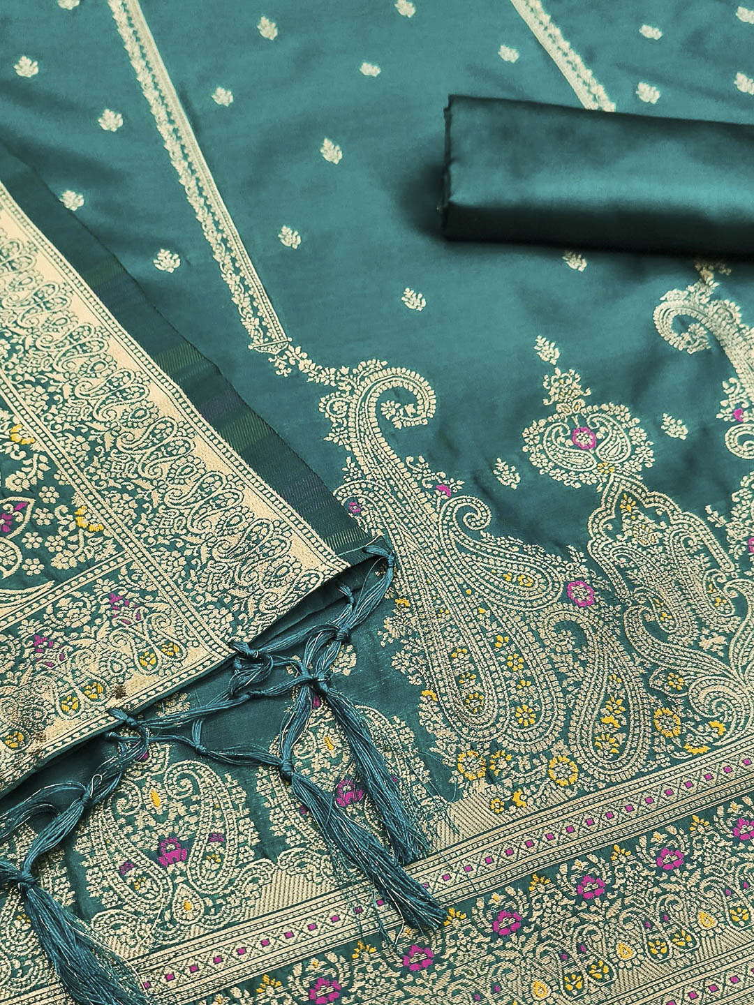 Teal-Blue Pure Soft Banarasi Silk Woven Design Unstitched Dress Material