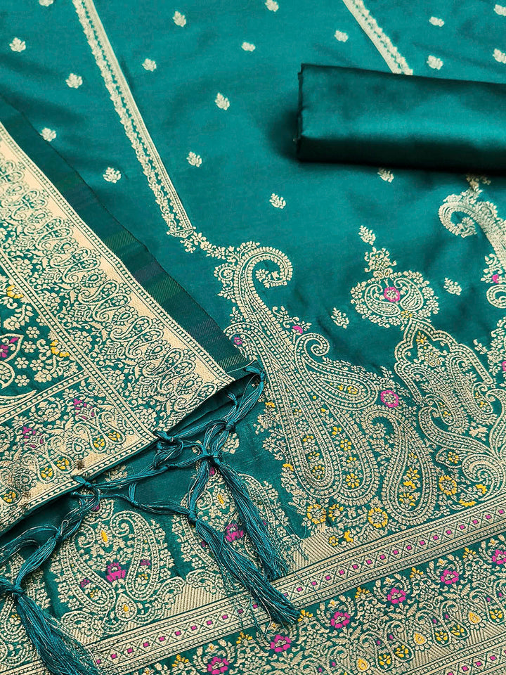 Teal-Blue Pure Soft Banarasi Silk Woven Design Unstitched Dress Material