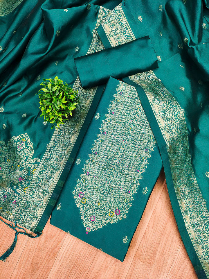 Teal-Blue Pure Soft Banarasi Silk Woven Design Unstitched Dress Material