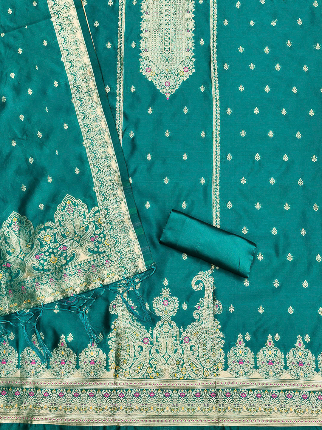 Teal-Blue Pure Soft Banarasi Silk Woven Design Unstitched Dress Material