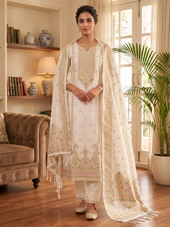 White Pure Soft Banarasi Silk Woven Design Unstitched Dress Material