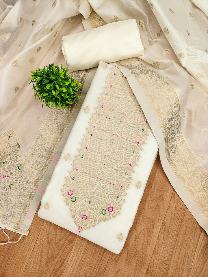 White Pure Soft Banarasi Silk Woven Design Unstitched Dress Material