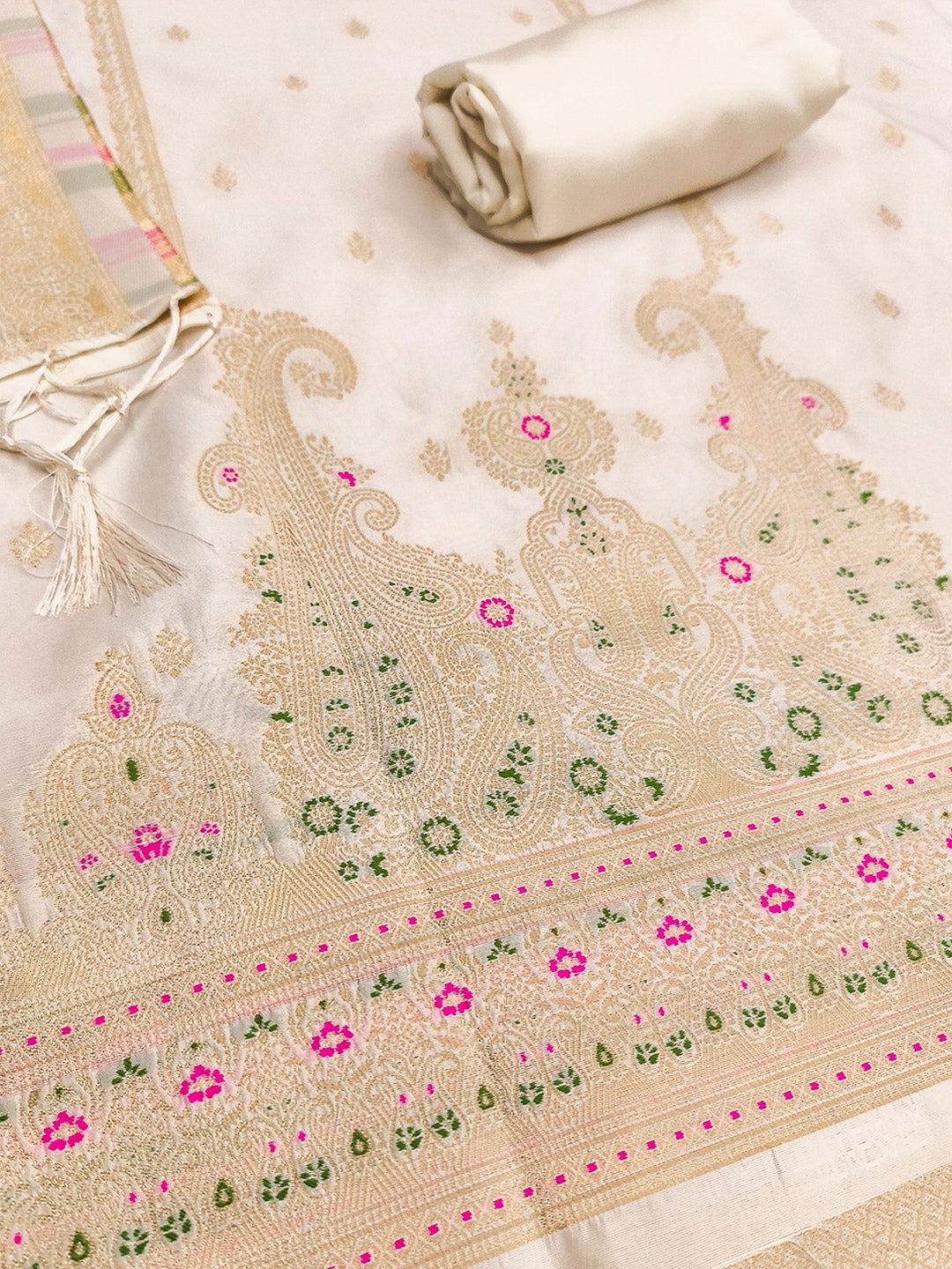 White Pure Soft Banarasi Silk Woven Design Unstitched Dress Material