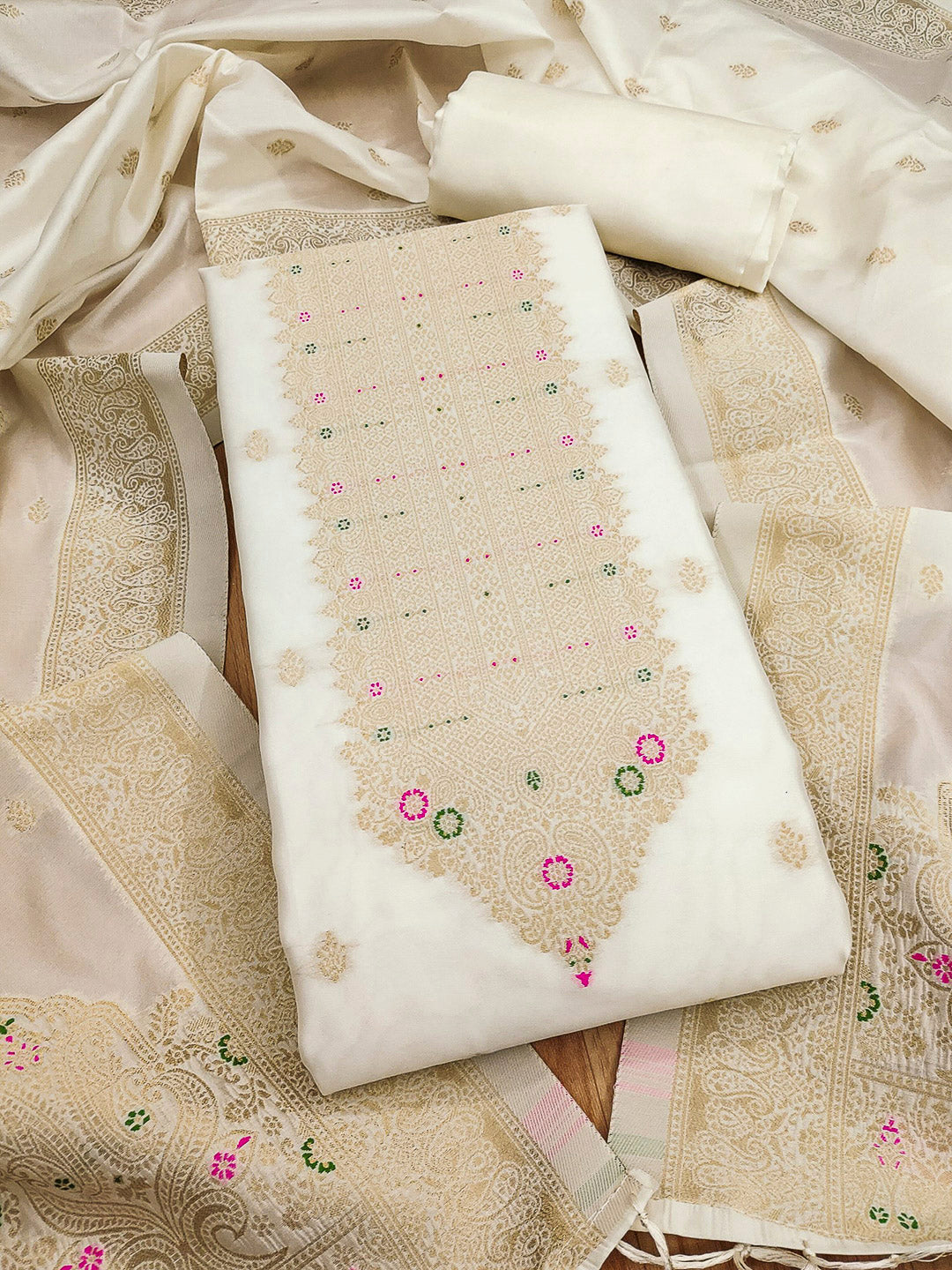 White Pure Soft Banarasi Silk Woven Design Unstitched Dress Material