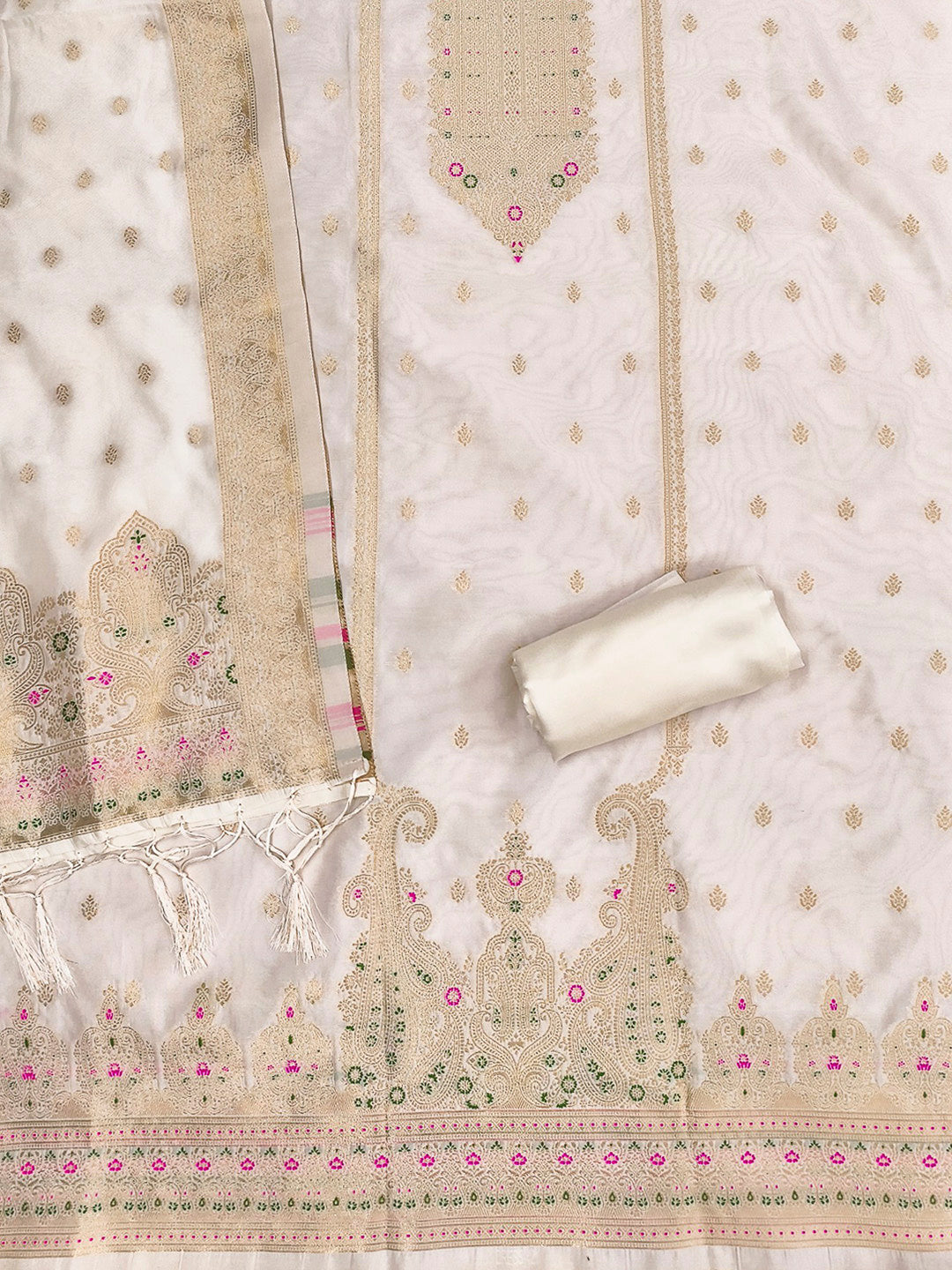 White Pure Soft Banarasi Silk Woven Design Unstitched Dress Material