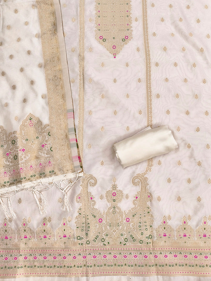 White Pure Soft Banarasi Silk Woven Design Unstitched Dress Material