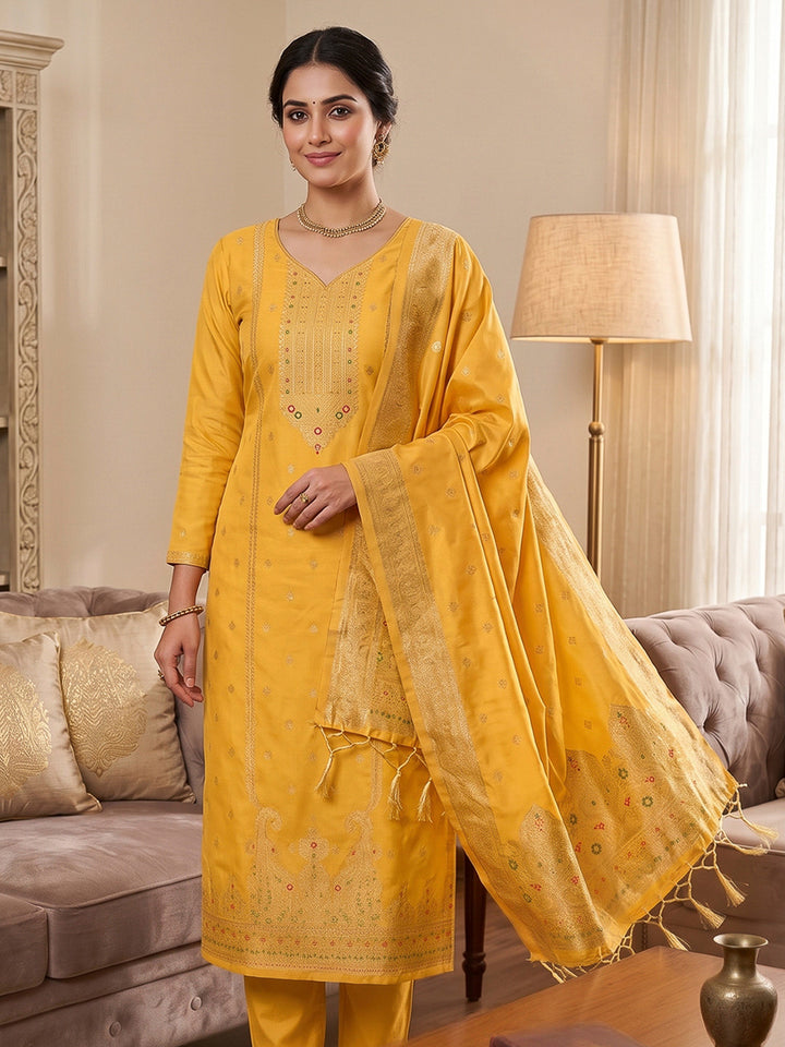 Yellow Pure Soft Banarasi Silk Woven Design Unstitched Dress Material